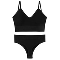 Two-piece black ribbed seamless lingerie set with V-neck crop top and matching thong - Black