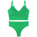 Green rib-knit wireless bralette set with V-neck camisole and matching briefs - Grass Green