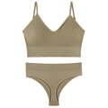 Army green seamless ribbed lingerie set with V-neck bralette and matching thong - Khaki