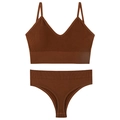 Deep brown ribbed knit wireless lingerie set with V-neck camisole bra and panties - Caramel color