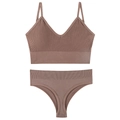Seamless dusty pink ribbed knit lingerie set featuring a V-neck bralette and thong - Dusty Pink