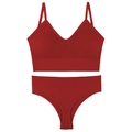 Seamless wine red ribbed lingerie set with V-neck bralette and matching panties - Burgundy