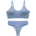 Seamless ribbed lingerie set with V-neck bralette and thong in dusty blue finish - L / Light Blue