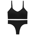 Set lingerie nero a coste senza cuciture con spalline regolabili e perizoma abbinato - Nero