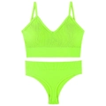 Neon green ribbed knit lingerie set with V-neck crop top and matching panties - Fluorescent Green