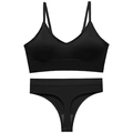Conjunto de lencería negra sin costuras con cuello en V, tejido acanalado y tanga de corte alto - L / Negro