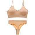 Conjunto de lencería de canalé sin costuras con bralette en V y tanga rosa nude - L / Color Piel