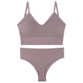 Women's seamless ribbed purple lingerie set with V-neck camisole top and matching panties - Purple Grey