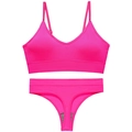 Conjunto de sujetador y tanga rosa neón sin costuras con tirantes finos y cuello en V - L / rosa fuerte