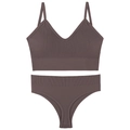 Wireless ribbed lingerie set with V-neck camisole and seamless panties in deep mauve - Coffee