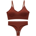 Seamless ribbed knit lingerie set in dark mahogany with V-neck bra and matching thong - L / Caramel color
