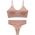 Dusty pink ribbed seamless bralette and thong set with deep V-neck and thin straps - L / Pink