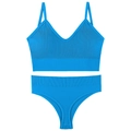 Blue ribbed wire-free bralette and thong set with thin straps and supportive wide band - Lake Blue