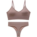 Seamless ribbed lingerie set with deep V-neck bralette and thong in dusty pink color - L / Dusty Pink