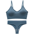 Blue seamless ribbed lingerie set with wireless V-neck bra and matching thong - L / Blue