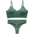 Dark green ribbed knit seamless bra and thong set with thin straps and deep V-neck - L / Green