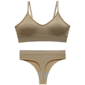 Seamless khaki ribbed wireless bra and thong set with thin straps and deep V-neck - L / Khaki