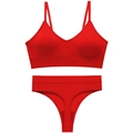 Red ribbed seamless wireless bra and thong set with deep U back for women - L / Red