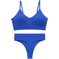 Bright blue seamless wire-free ribbed bra set with deep U back and matching thong - L / Sapphire Blue