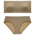 Seamless ribbed lingerie set with bandeau top and matching panties in coffee brown - L / Top And Bottom / Khaki