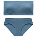 Morandi blue seamless ribbed lingerie set with wireless bandeau top and briefs - L / Top And Bottom / Dark Blue