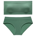Dark green seamless ribbed lingerie set with wireless bra and matching panties - L / Top And Bottom / Green