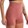 Seamless high waisted yoga shorts for women in dusty rose with ribbed compression waist - Brick Red