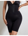 Detail of high-waisted black shapewear with front three-row hook-and-eye closure for tummy control - XS/S / Bottoms / Black