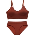 Seamless ribbed knit lingerie set with V-neck bralette and high-elastic panties in rust red - L / Top And Bottom / Caramel color