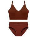 Ensemble lingerie en maille côtelée marron rouge avec caraco col en V et culotte - Couleur caramel
