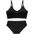 Seamless black rib-knit lingerie set with deep V-neck bra and matching panties - L / Top And Bottom / Black