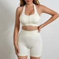 Conjunto de yoga acanalado crema con sujetador deportivo con cremallera y shorts de talle alto - M (90-125 Jin) / Blanco