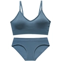Morandi blue seamless ribbed lingerie set with V-neck bralette and bikini panties - L / Top And Bottom / Blue