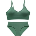 Dark green seamless ribbed lingerie set with V-neck camisole bra and matching panty - L / Top And Bottom / Green