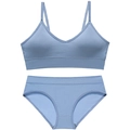 Morandi blue seamless lingerie set with ribbed texture and V-neck thin straps - L / Top And Bottom / Light Blue