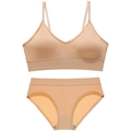 Women's seamless ribbed lingerie set in dusty pink color with V-neck bralette and panty - L / Top And Bottom / Nude