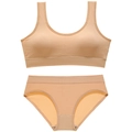 Seamless ribbed wireless bra and panty set in beige with wide elastic hem and soft fabric - L / Nude
