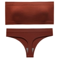 Seamless ribbed bra and thong set in terracotta red with a minimalist strapless design - L / Caramel color