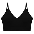 Seamless black ribbed wireless bra set with deep V-neck and double thin shoulder straps - Black