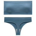 Greyish-blue ribbed lingerie set with seamless bandeau top and thong in flat lay view - L / Dark Blue