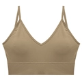 Khaki seamless ribbed sports bra with thin straps and deep V-neckline in solid color - Khaki