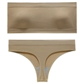 Seamless khaki ribbed lingerie set with bandeau bra and matching thong underwear - L / Khaki