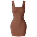 Minivestido ajustado marrón oscuro de punto acanalado con escote cuadrado y tirantes - S / café