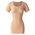 Slim fit nude knitted short sleeve dress with ribbed texture and scoop neckline - S / Nude