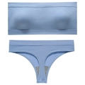 Light blue seamless ribbed lingerie set with wireless bra and matching thong panties - L / Blue