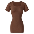 Slim fit short sleeve dark brown ribbed knit athletic dress with scoop neck design - S / Coffee
