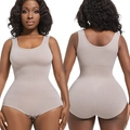 Front and back view of light brown high-waist bodysuit shapewear for tummy control - Khaki