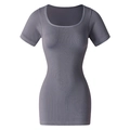 Slim fit grey short sleeve ribbed yoga dress for women with scoop neckline - S / Gray