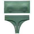 Dark green seamless ribbed lingerie set including a bandeau bra and matching thong - L / Green