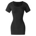 Slim fit short sleeve black ribbed knit yoga dress with a flattering U-neckline - S / Black